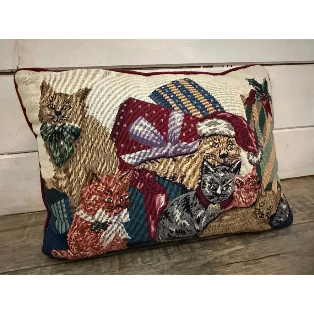 Vintage Christmas Cat Tapestry Pillow Rectangular Used 16 by 11 inches